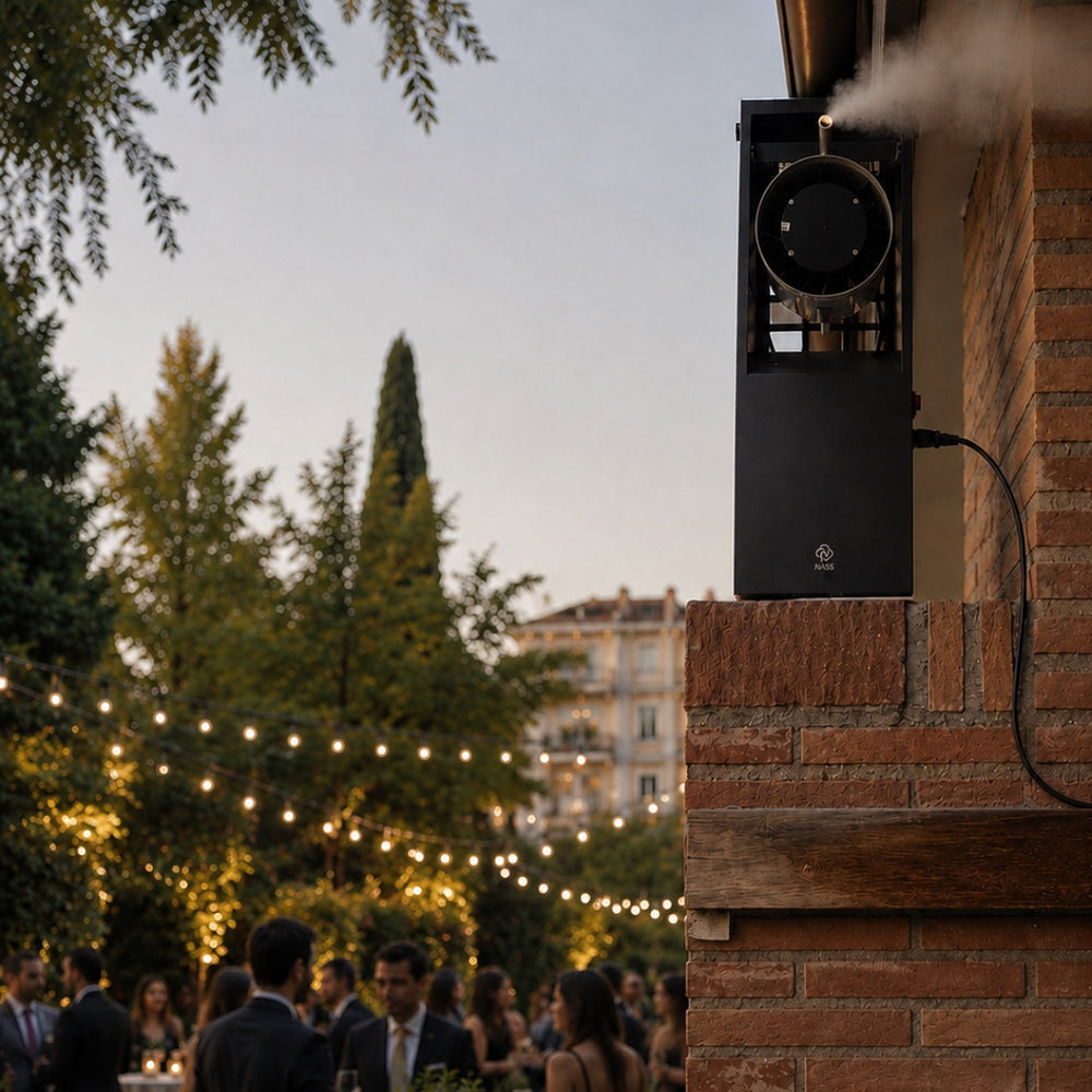 NASS Titan outdoor scent diffuser mounted on a garden wall